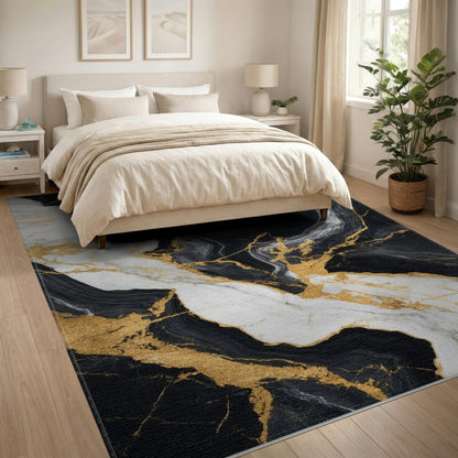 Abstract Area Black and White Black White Gold Marble Area Rug
