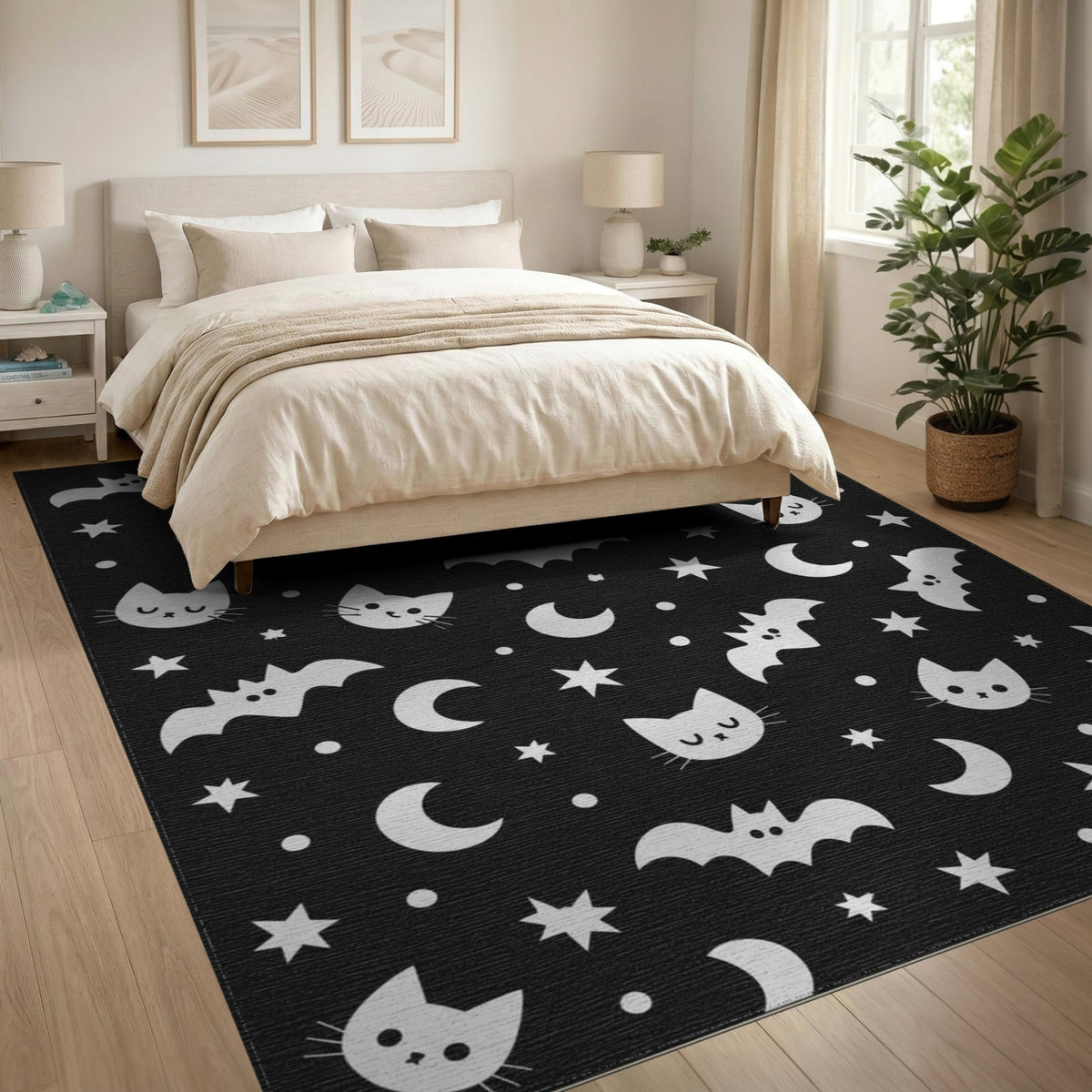 Black White Cats Bats Kids Area Rug