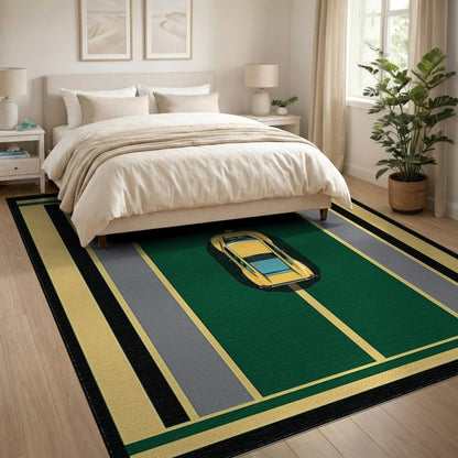 Yellow Car Green Geometric Area Rug