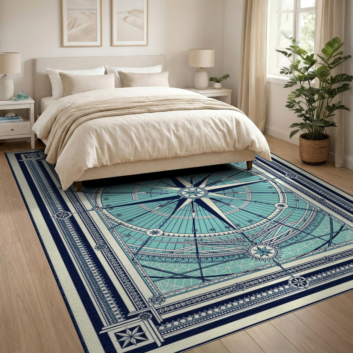 Blue and Teal Compass Geometric Area Rug