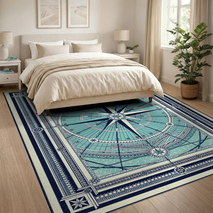 Blue and Teal Compass Geometric Area Rug