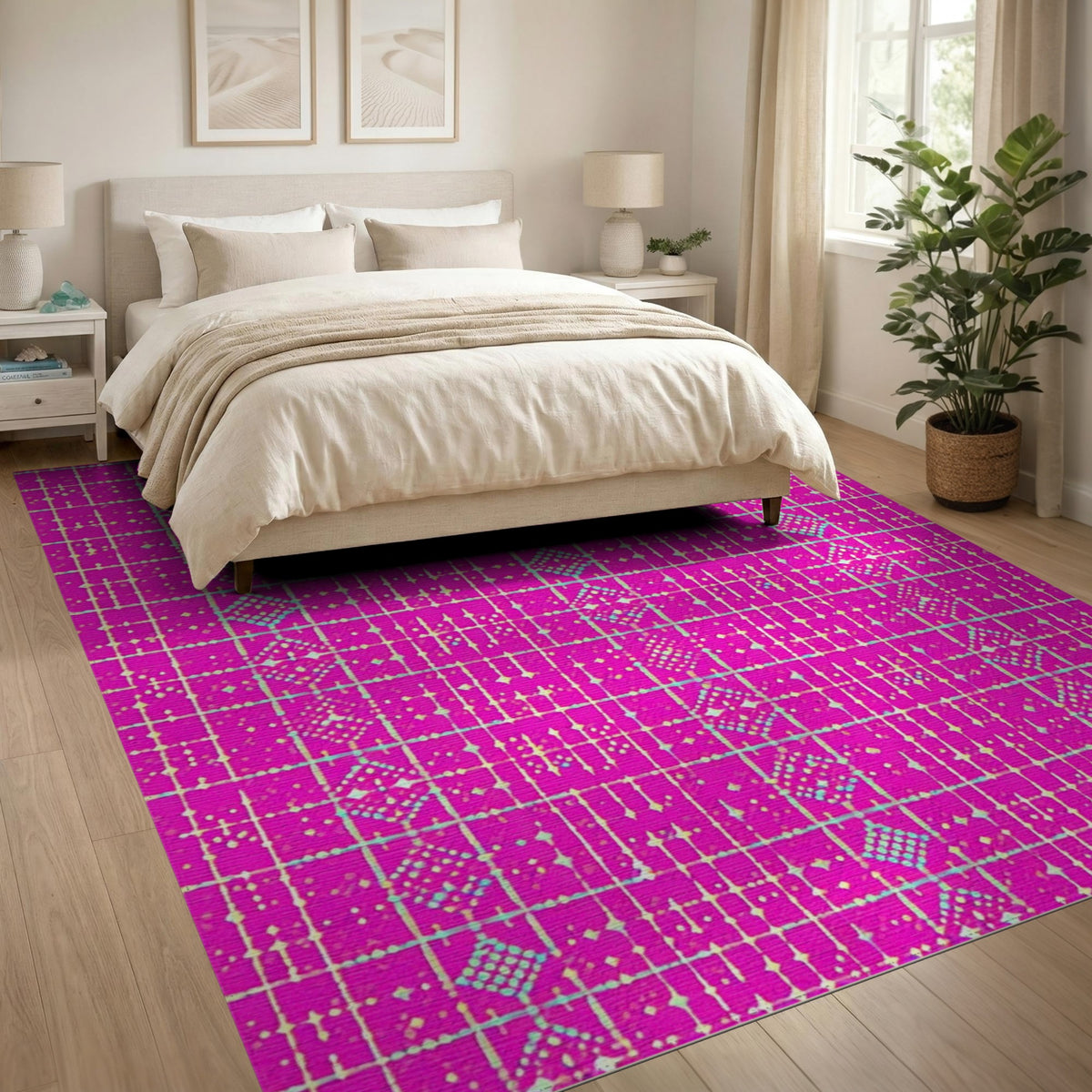 Vibrant Pink Geometric Grid Pink Area Rug
