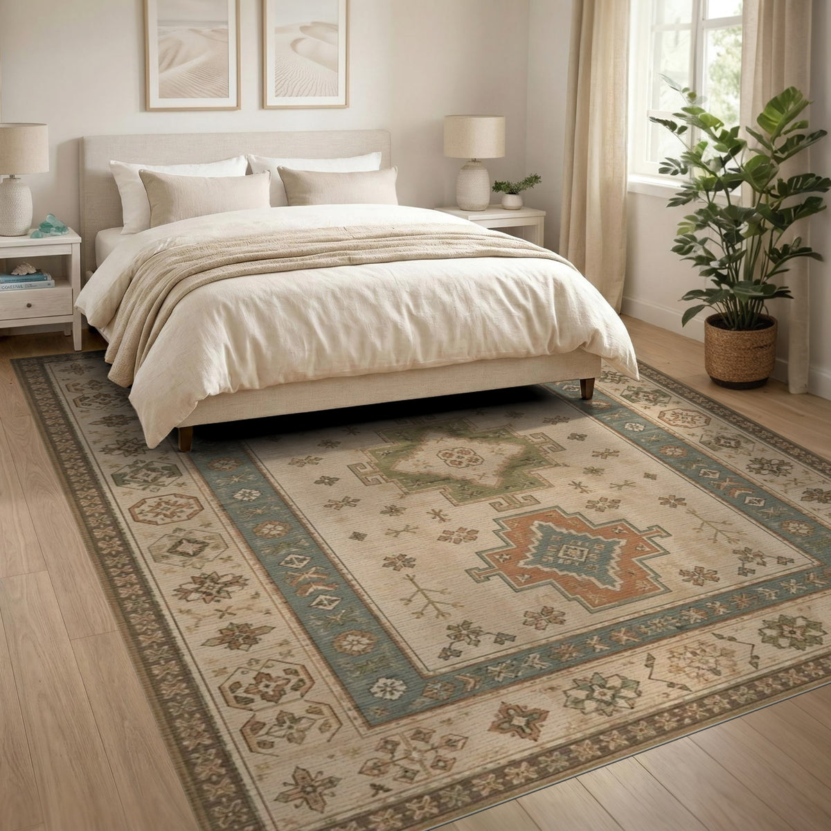 Distressed Vintage Beige Geometric Medallion Area Rug
