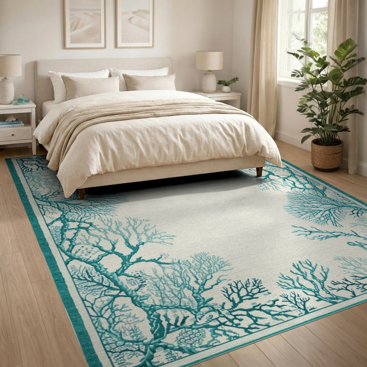 Teal Coral Coastal Area Rug
