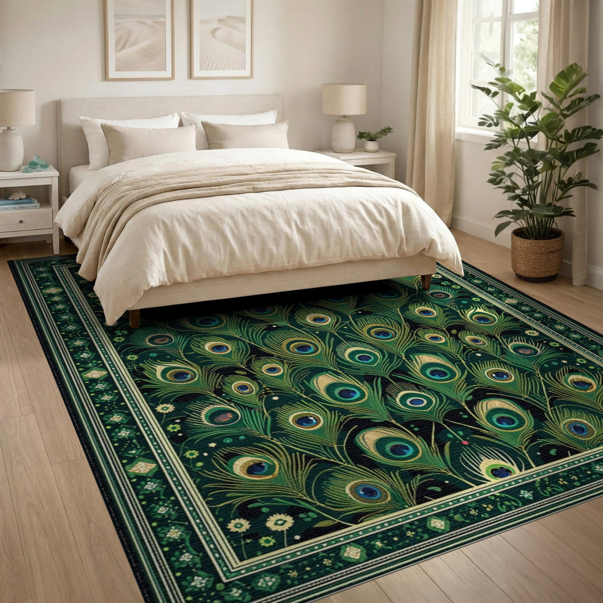 Green Emerald Peacock Feather Area Rug