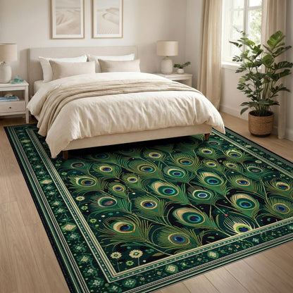 Green Emerald Peacock Feather Area Rug