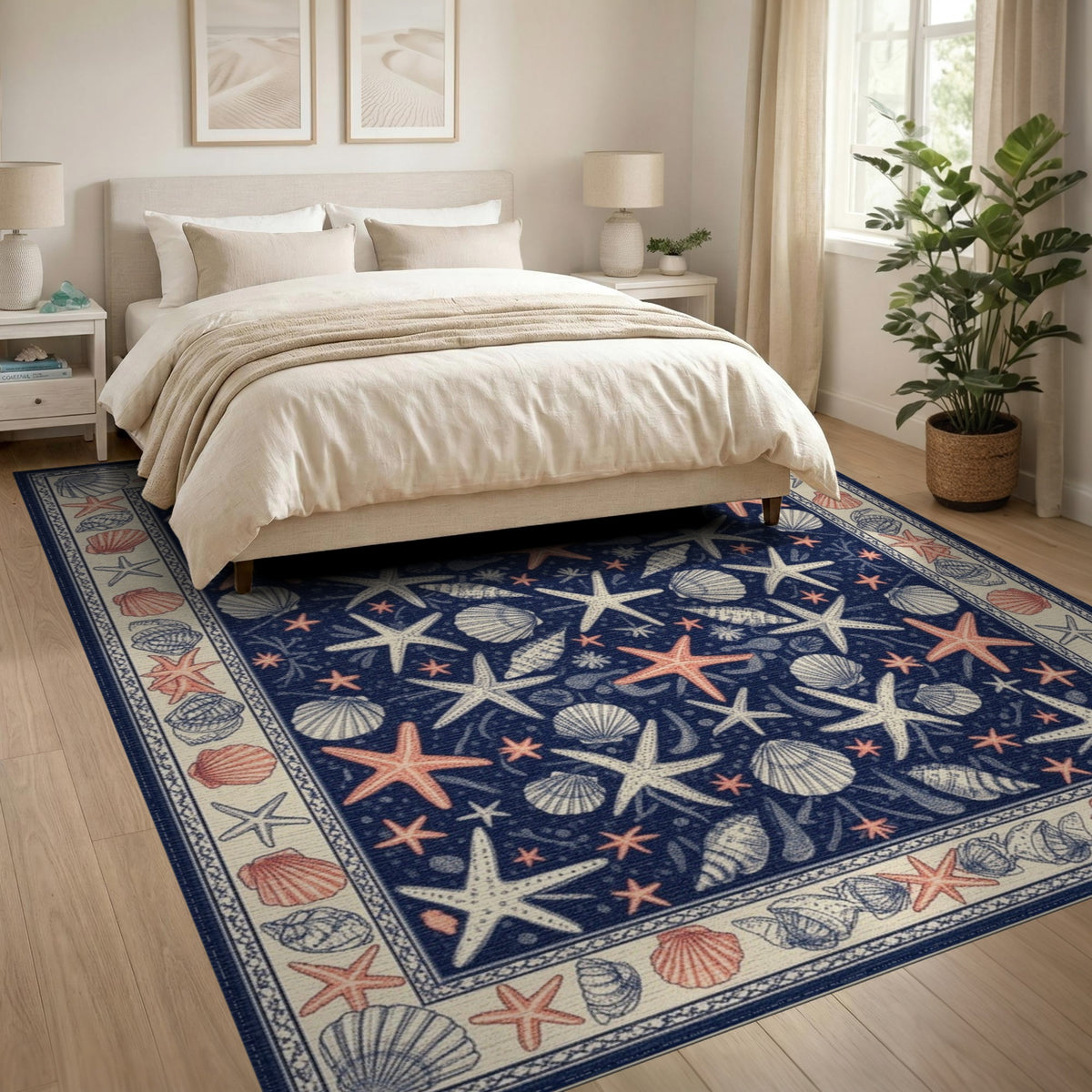 Blue and Teal Navy Coastal Starfish Seashell Area Rug