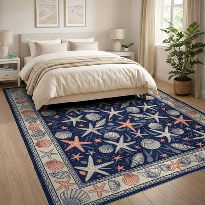 Blue and Teal Navy Coastal Starfish Seashell Area Rug