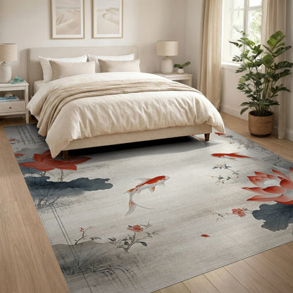 Red Koi Lotus Floral Vintage Area Rug