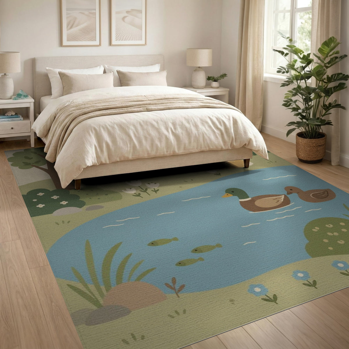 Whimsical Pond Duck Rabbit Kids Area Rug