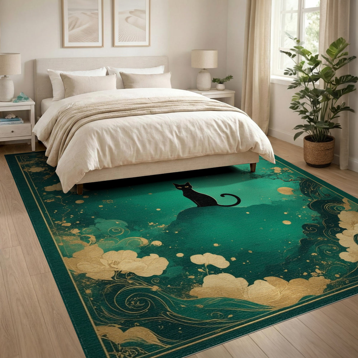 Black Cat Moon Teal Area Rug