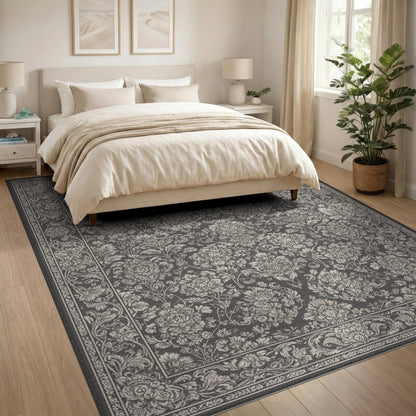 Black White Floral Vintage Area Rug
