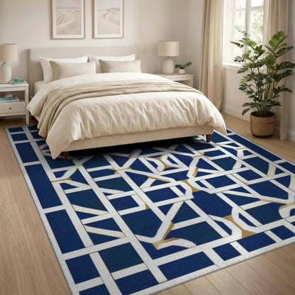 Navy Blue Geometric Lattice Blue and Teal Area Rug