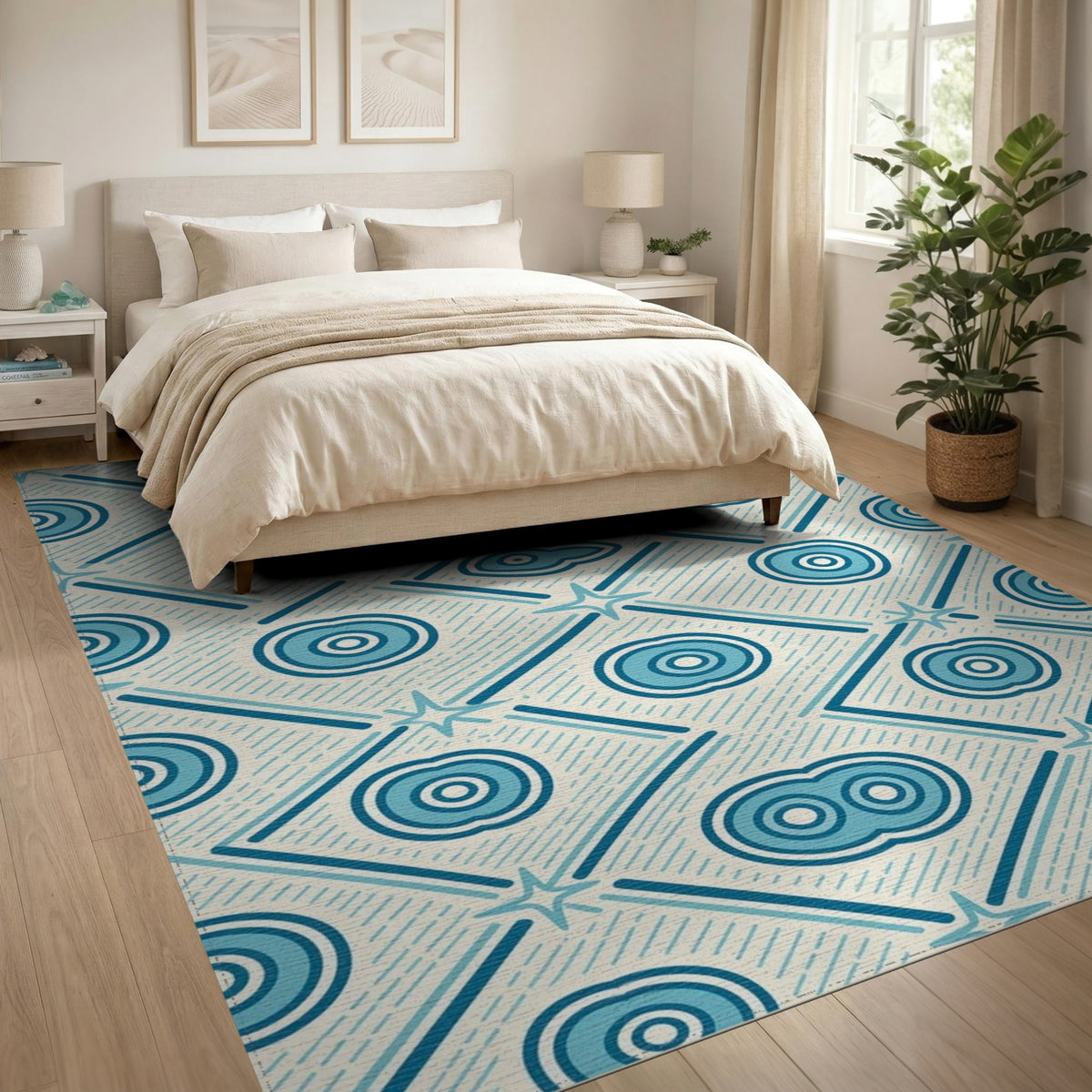 Blue Teal Geometric Star Circle Area Rug