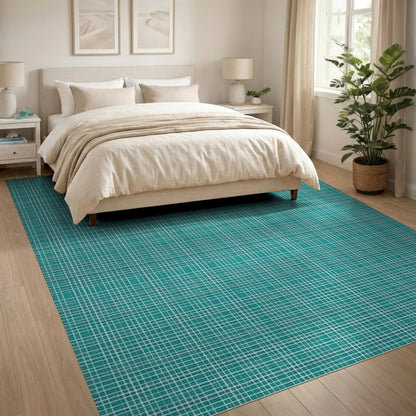 Teal Geometric Grid Washable Area Rug