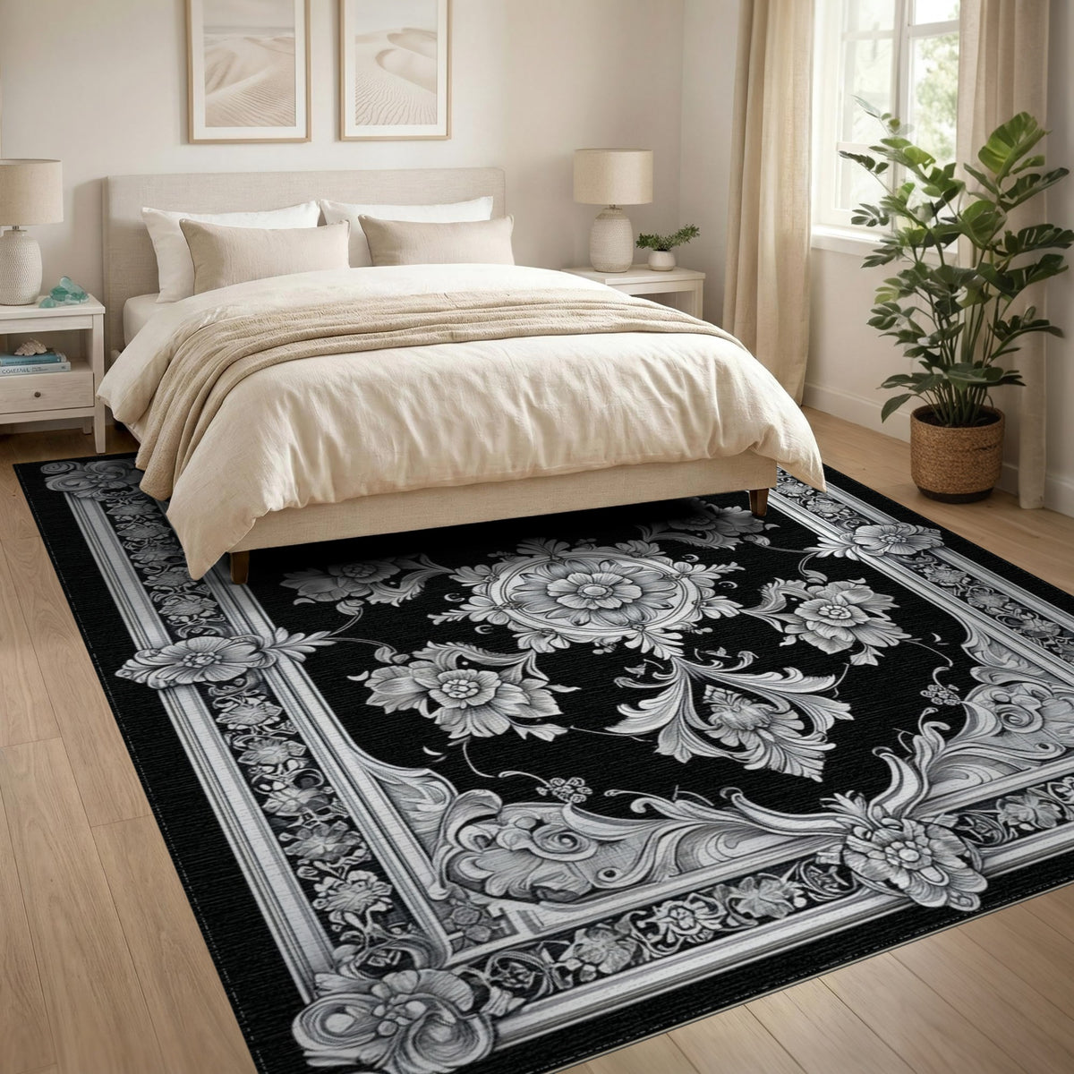 Black White Ornate Floral Vintage Rug