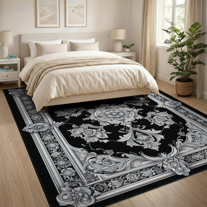 Black White Ornate Floral Vintage Rug