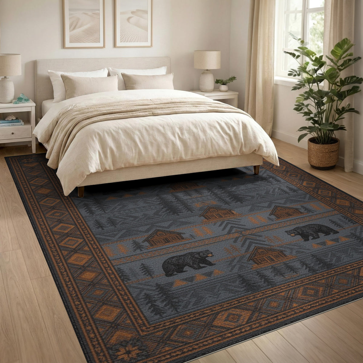 Grey Bear and Cabin Rustic Area Rug