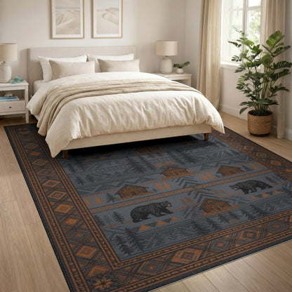 Grey Bear and Cabin Rustic Area Rug