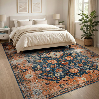 Distressed Orange Floral Vintage Area Rug