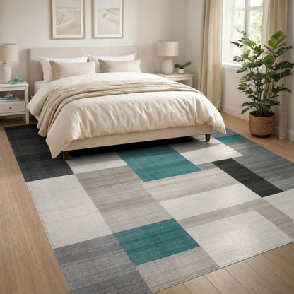 Modern Teal Geometric Area Rug Black Grey