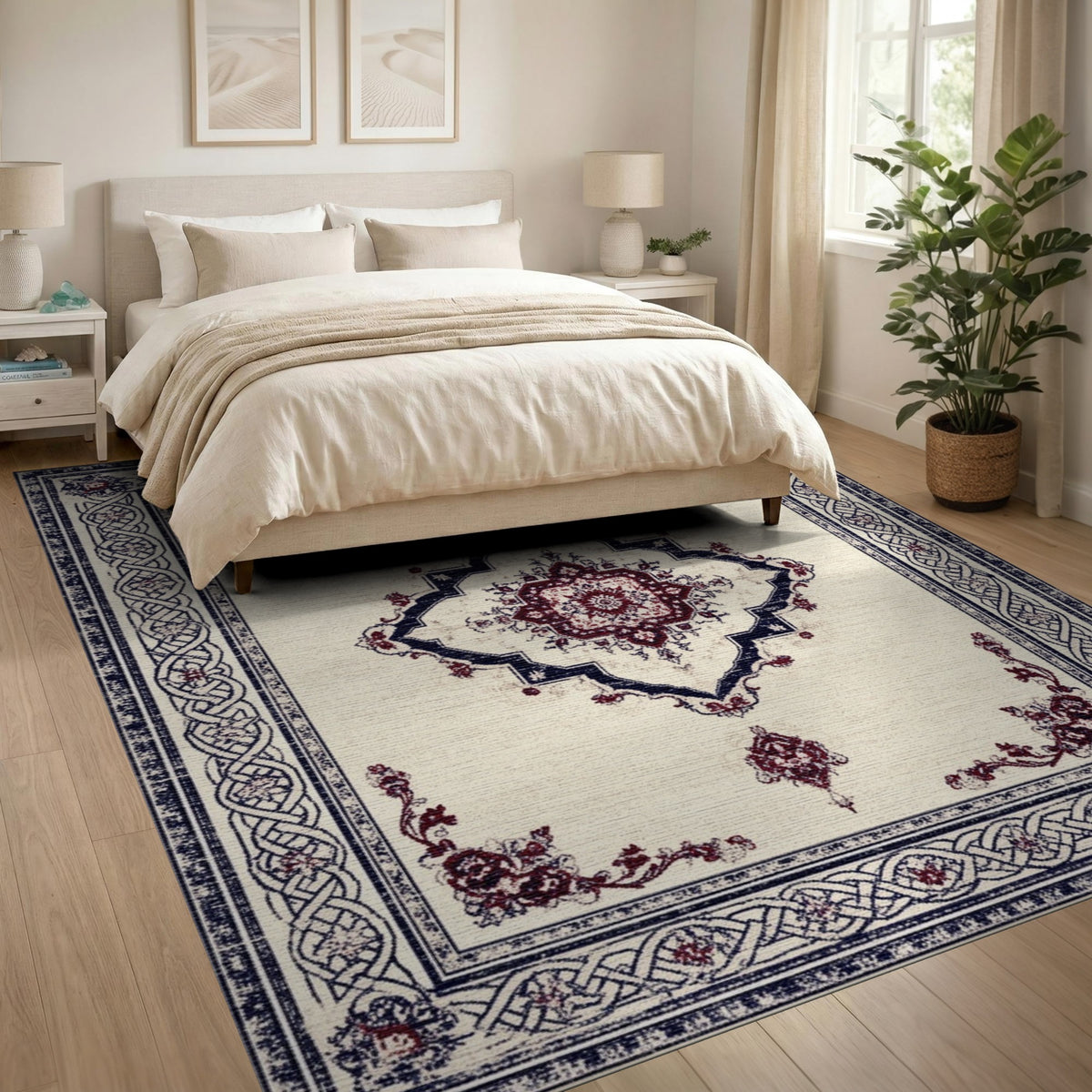 Beige Navy Persian Medallion Area Rug