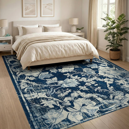 Navy Blue Floral Distressed Vintage Area Rug