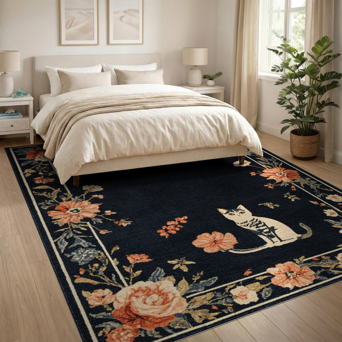 Black and White Black Cat Floral Vintage Area Rug