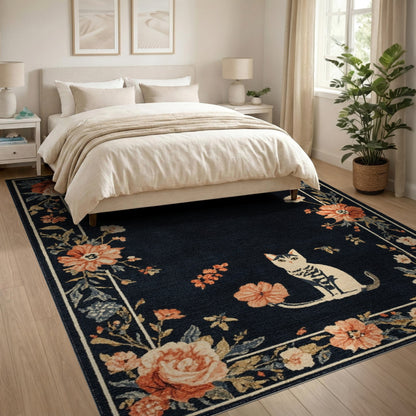 Black and White Black Cat Floral Vintage Area Rug