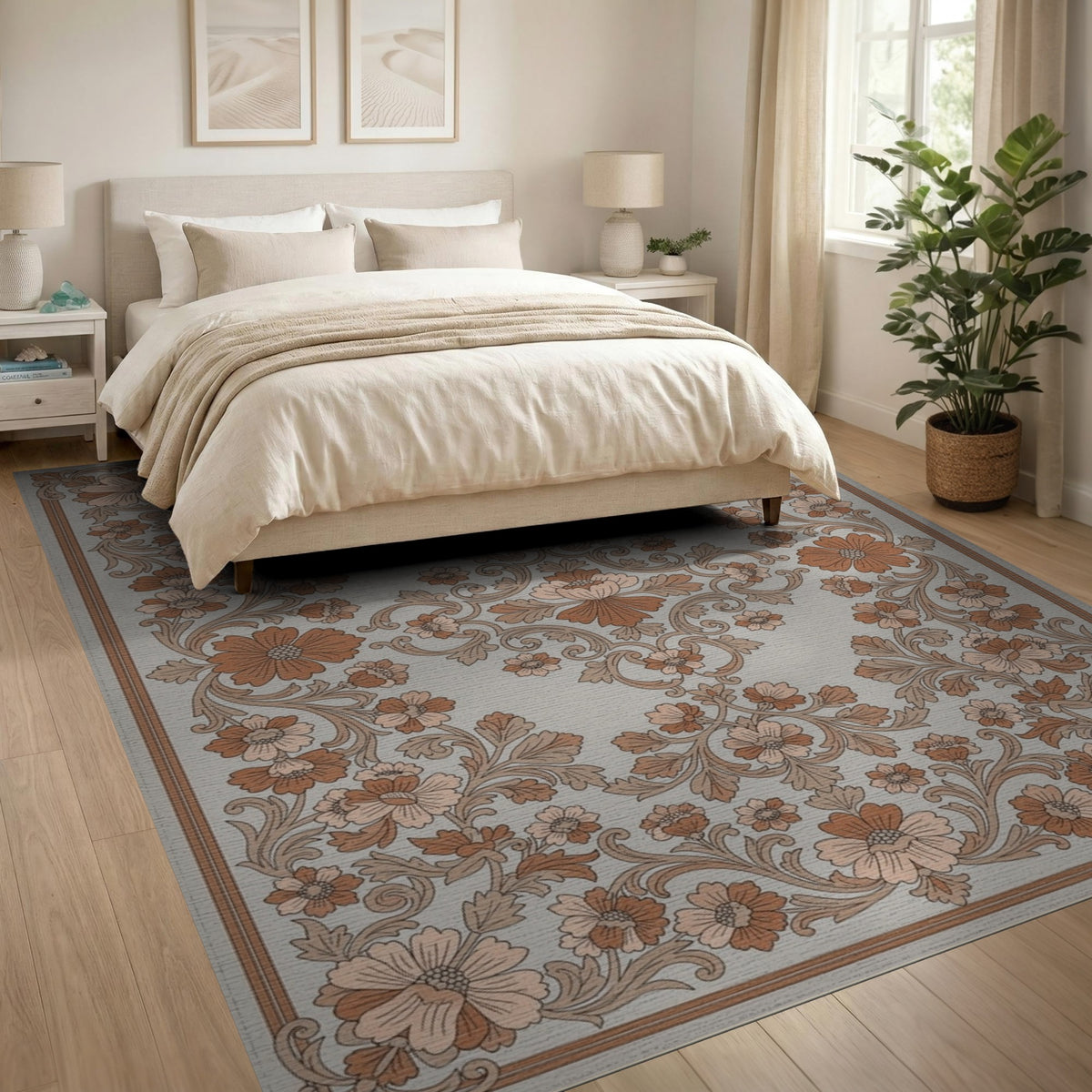 Brown Floral Vintage Washable Area Rug