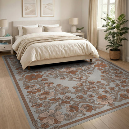 Brown Floral Vintage Washable Area Rug