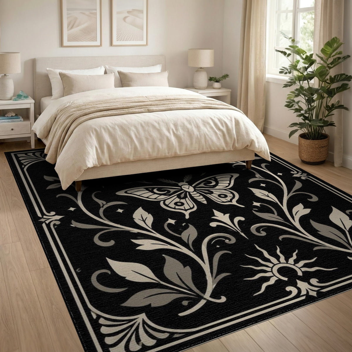 Moth Moon Floral Black White Area Rug