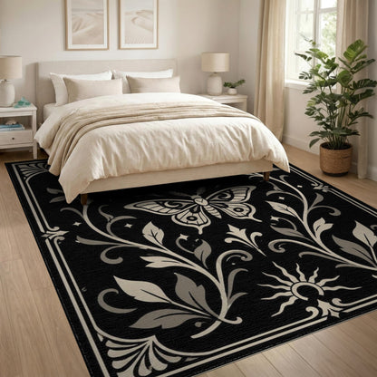 Moth Moon Floral Black White Area Rug
