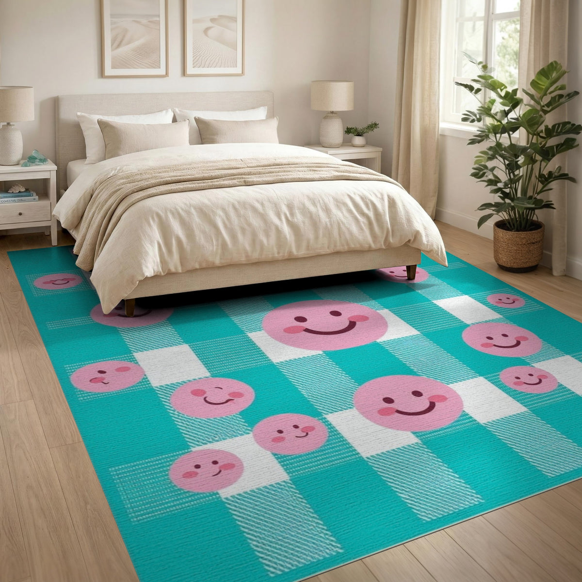 Pink Smiley Face Kids Area Rug