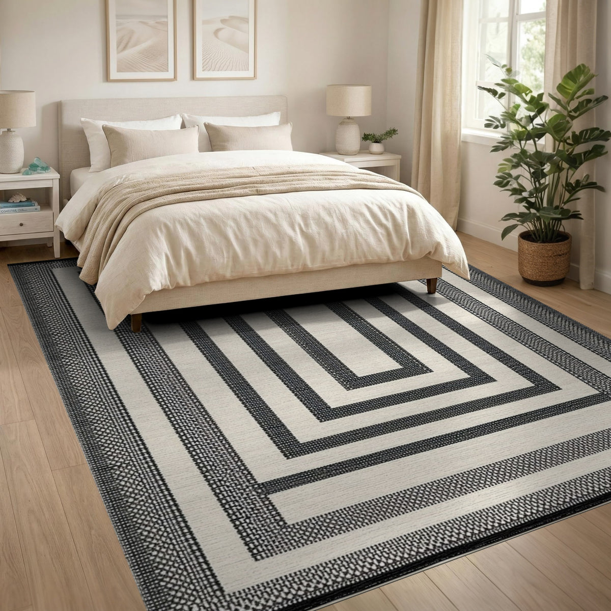 Frame Black White Geometric Frame Area Rug