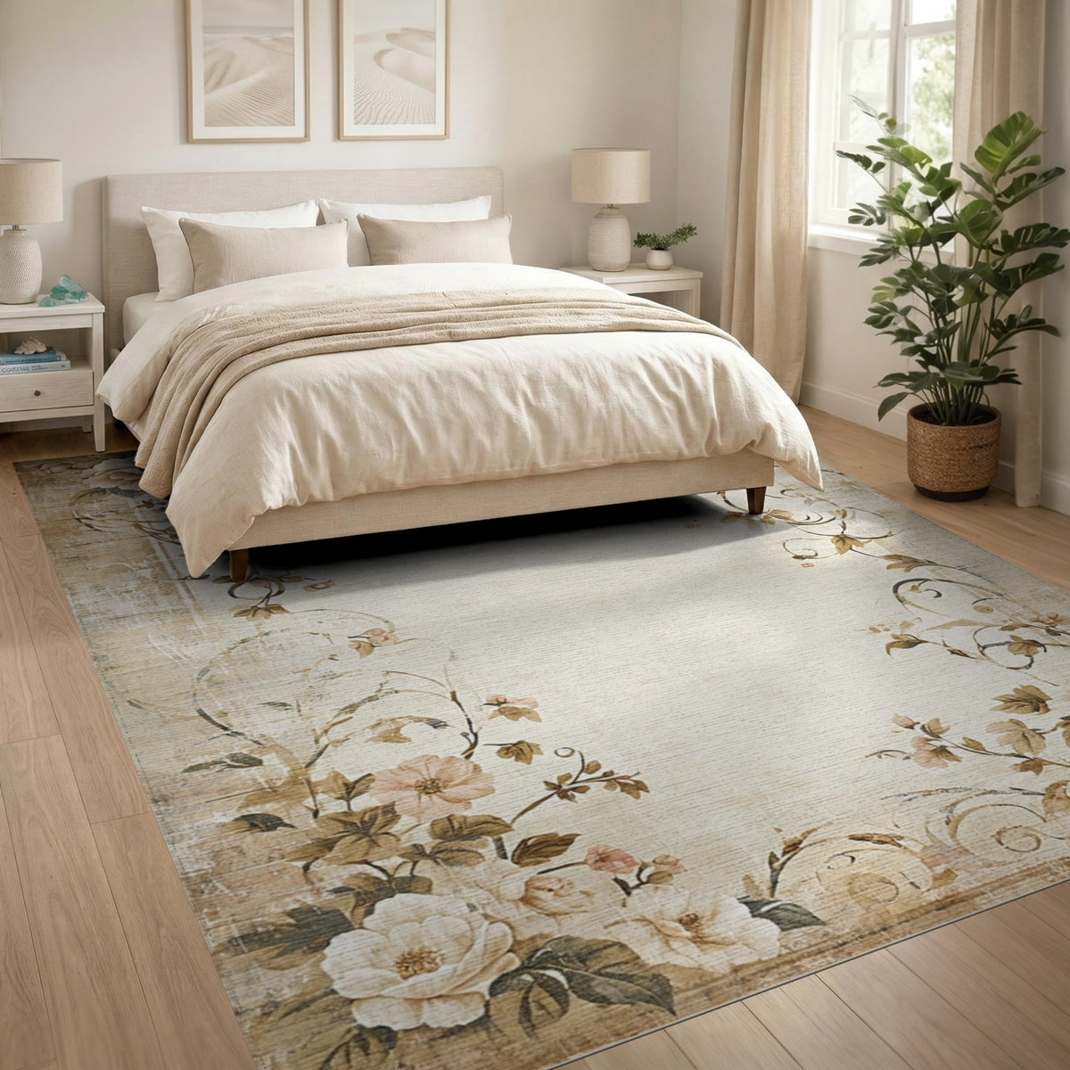 Vintage Beige Rose Floral Area Rug