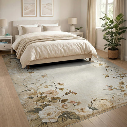 Vintage Beige Rose Floral Area Rug