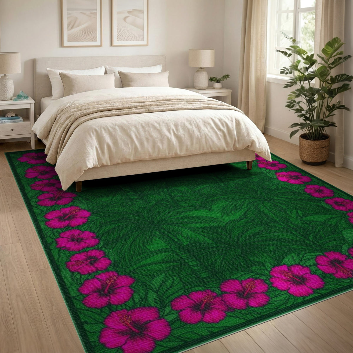 Green Palm Tree Pink Hibiscus Border Area Rug