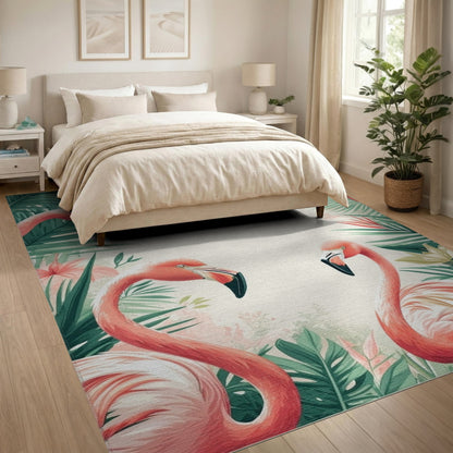 Flamingo Coastal Beach Pink Flamingo Palm Leaf Area Rug