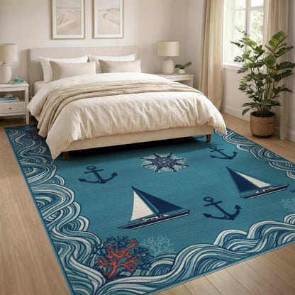 Coastal Blue Sailboat and Anchor Area Rug