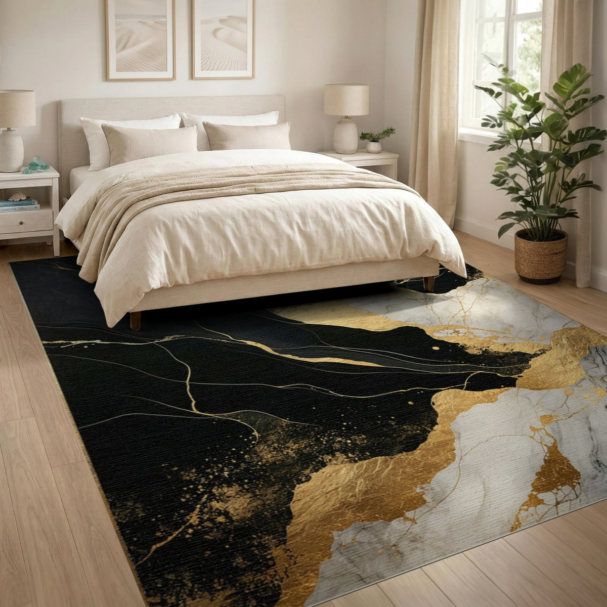 Black and White Black Gold Abstract Marble Area Rug