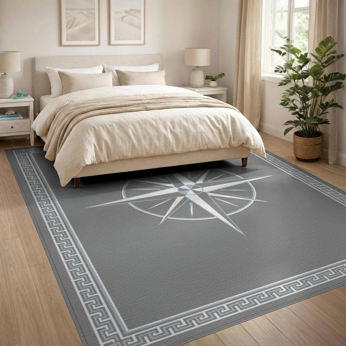 Grey Compass Rose Geometric Area Rug