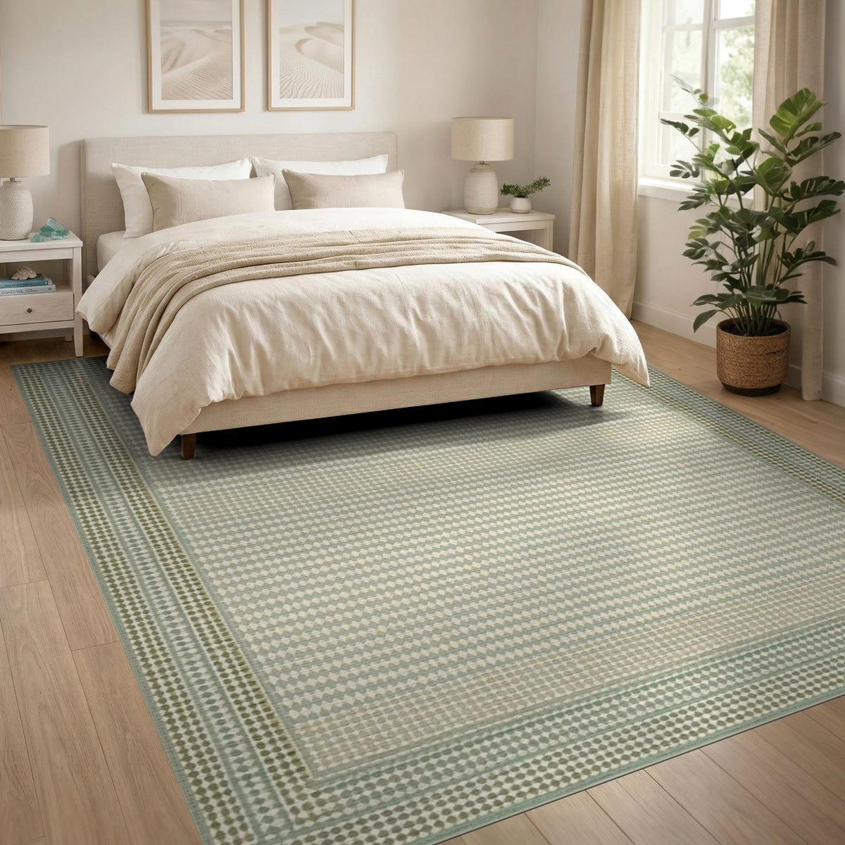 Washable Beige Geometric Border Rug