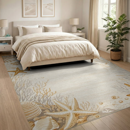 Beige and Neutral Beige Coastal Seashell Starfish Area Rug