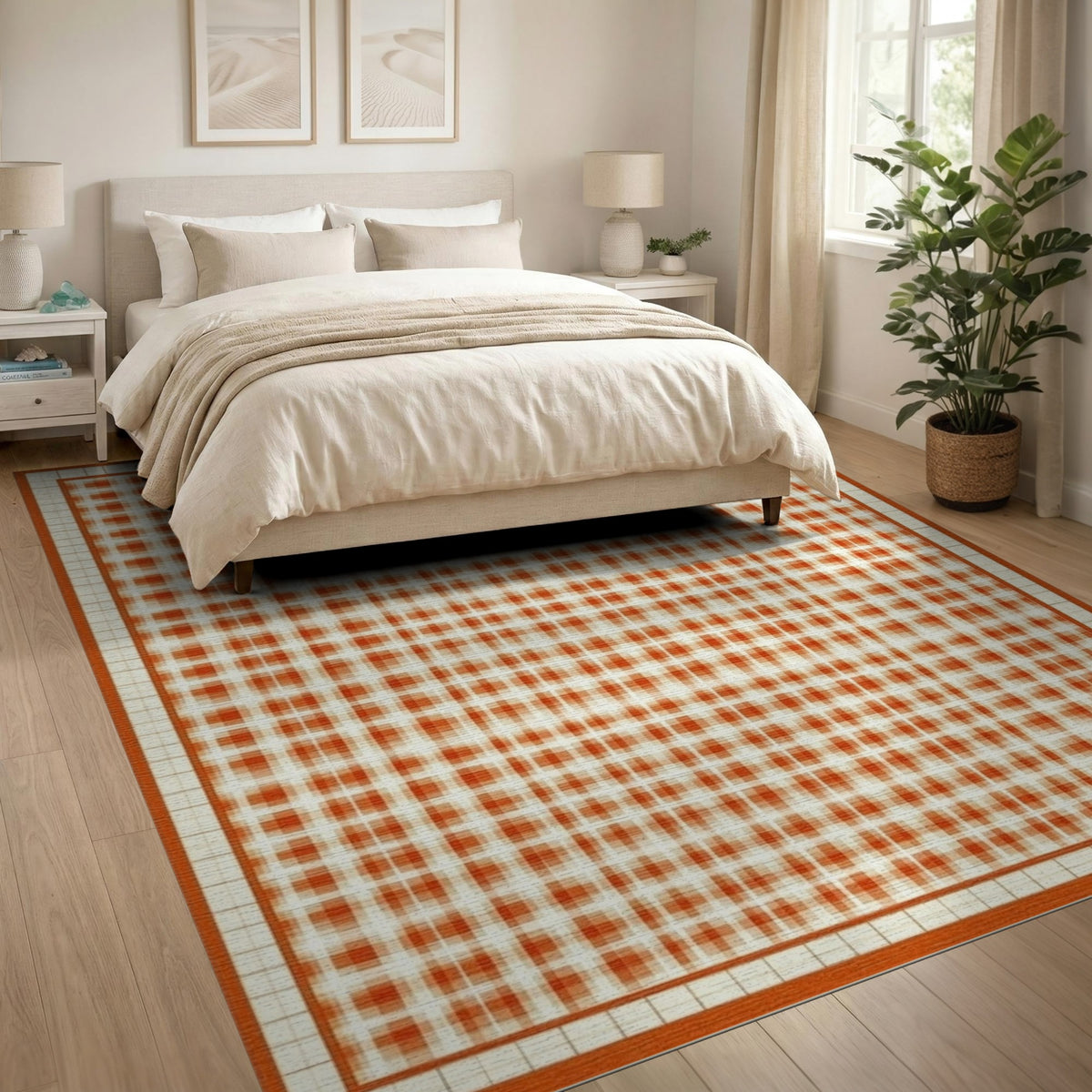 Orange Checkered Geometric Modern Area Rug