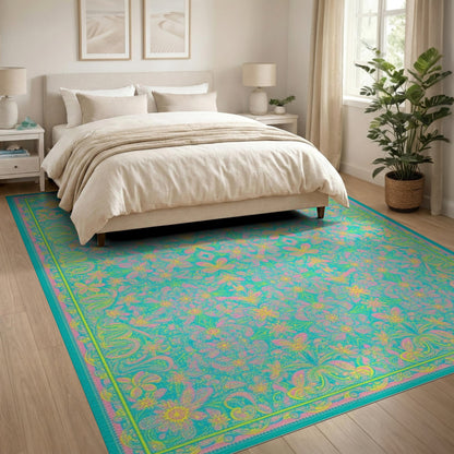 Vibrant Teal Floral Vintage Area Rug