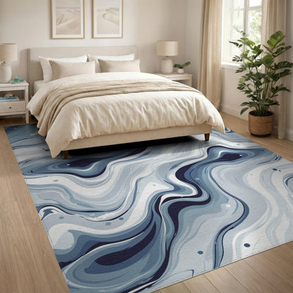 Blue and Teal Blue Swirl Marble Washable Area Rug