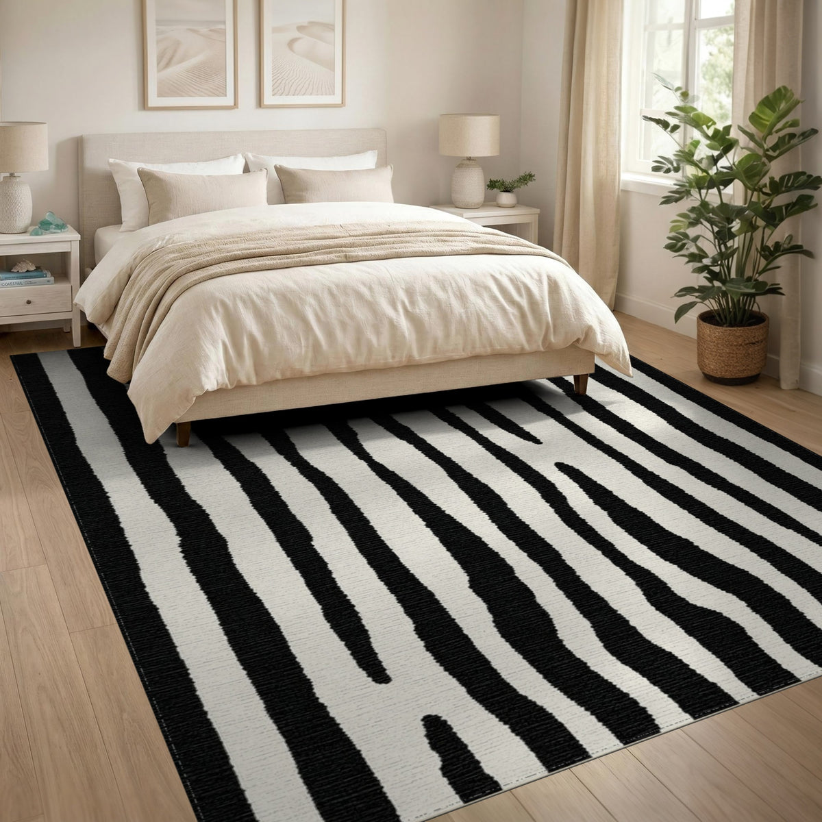 Geometric Modern Black and White Black White Wavy Stripe Area Rug