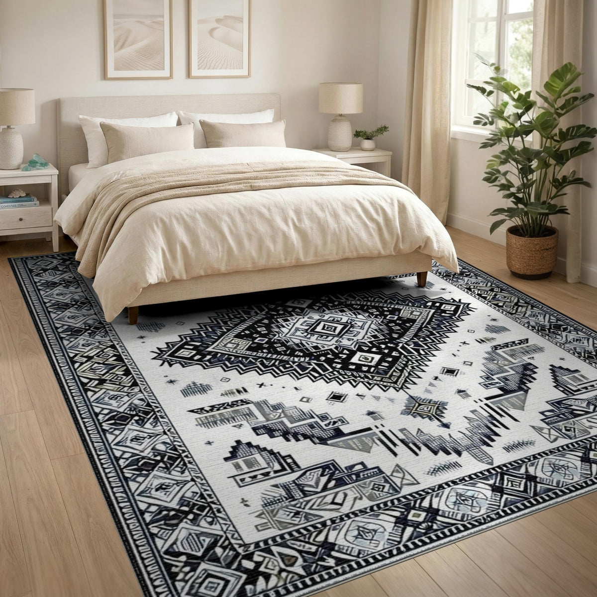 Black White Heritage Tribal Area Rug