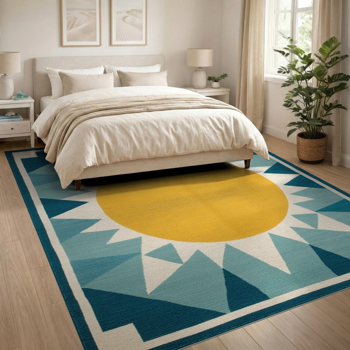 Sunburst Blue Teal Geometric Area Rug